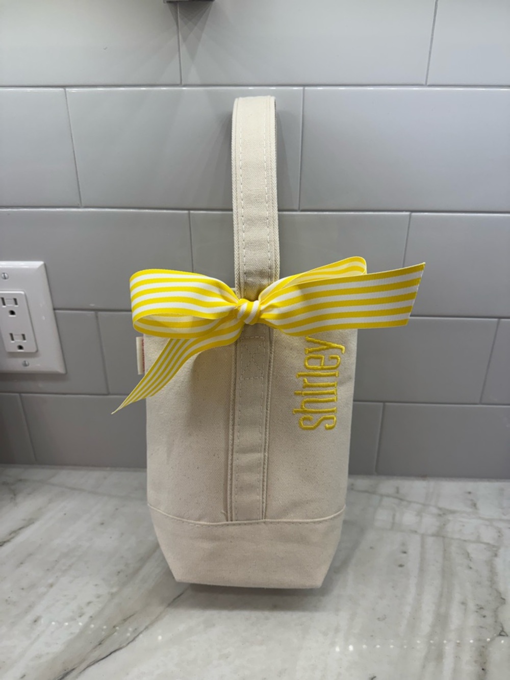 Personalized Cream Canvas Tote 2 Wine/Water bottles Mongrammed "Shirley"